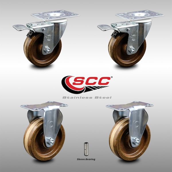 4 Inch SS High Temp Phenolic Top Plate Caster Lock Brake 2 Rigid SCC, 2PK
